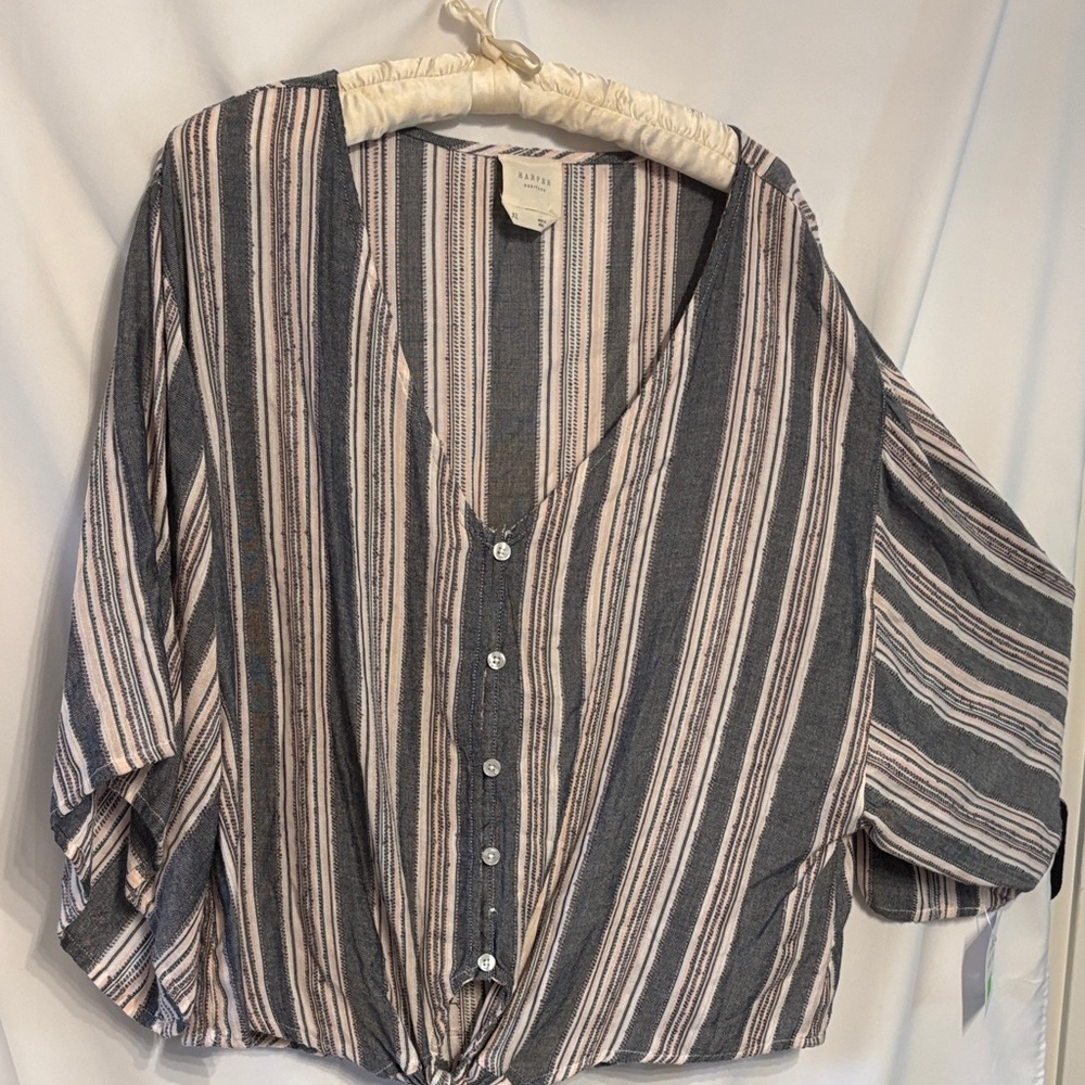 Harper Heritage Boho Striped V-Neck Blouse with tie waist SZ XL